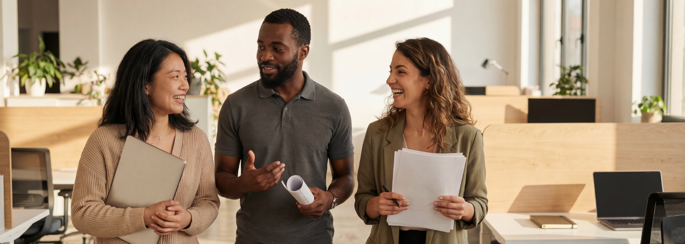 HR Team choosing benefits provider. An Asian female, black male and white female walking through the office. HR Team choosing benefits provider. An Asian female, black male and white female walking through the office.