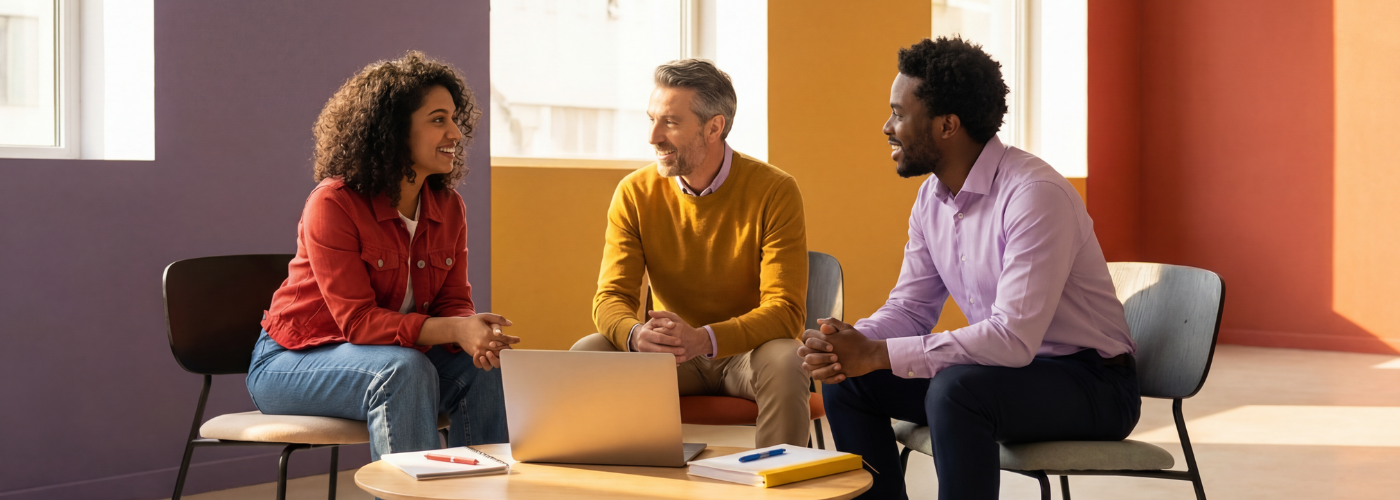 HR professional discussing employee benefits with a broker in an office setting